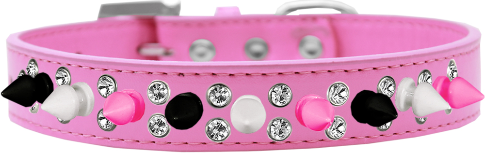 Double Crystal with Black, White and Bright Pink Spikes Dog Collar Bright Pink Size 16